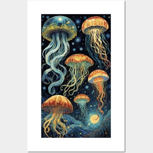 Starry Night's Aquatic Ballet: Van Gogh-Inspired Jellyfish Symphony Posters and Art